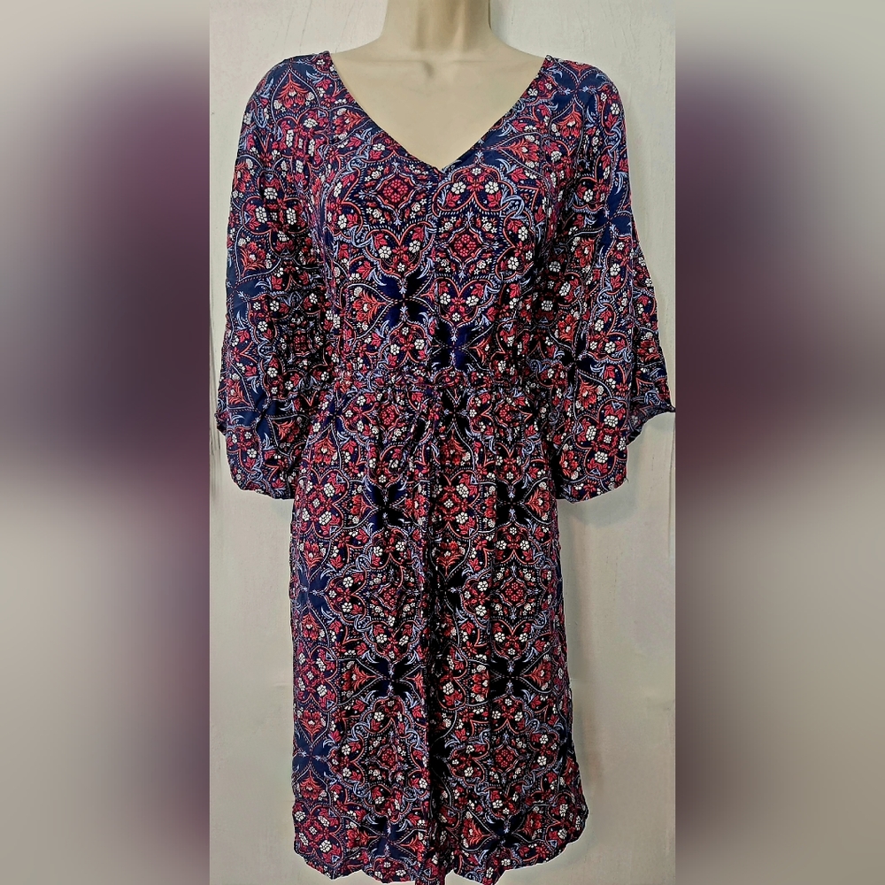 Torrid Plus Size 3 Navy Blue Red Medallion Lattice Back Challis Dress NWOT